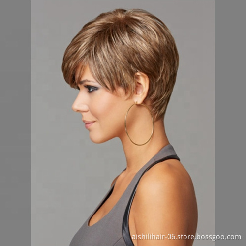 Wholesale heat resistant fluffy short brown wig  natural straight and kinky wave Synthetic hair wigs for women